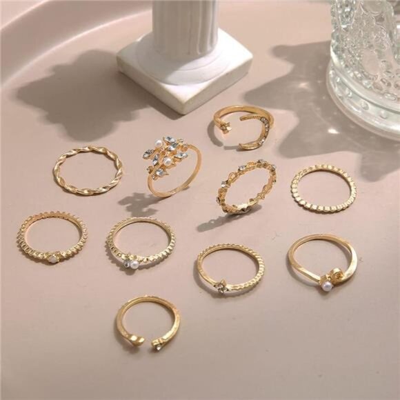 Gold Stackable Rings Set | Moon, Star, Pearl & Boho Knuckle Rings - Picture 4 of 4